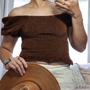 American Eagle Outfitter XS Brown Corduroy Puff Sleeve Crop Top Ruched Blouse